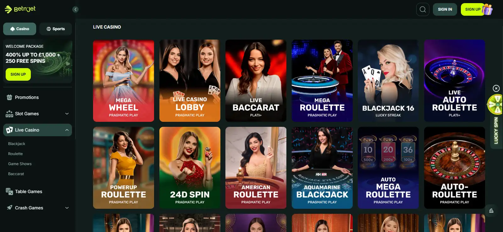 BetNjet live casino lobby